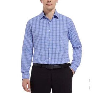 NEW Duchamp Men's 16.5/ L Slim Fit Checkered Dress Shirt Stretch Light Blue
